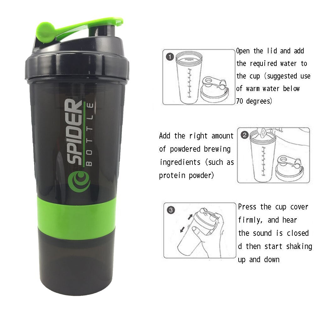 Spider Sports Shaker Bottle Whey Protein Powder Mixing Bottle, Sports Nutrition Protein Shaker Fitness Water Bottle With Three-layers